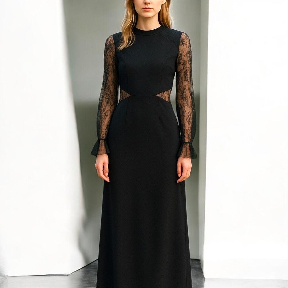 Elegant Black Lulu’s Lace-Sleeve Maxi Dress